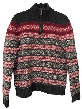 Nautica Lambswool Quarter Zip Sweater Sz L Red Gray Fair Isle Nordic Knit Preppy